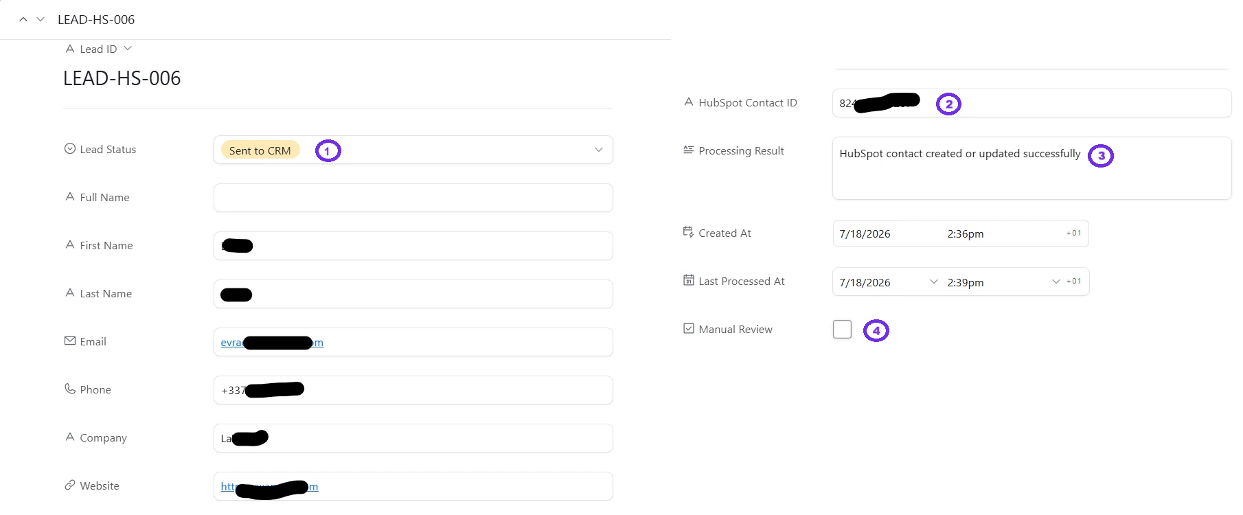 Airtable record showing a lead sent successfully to HubSpot CRM