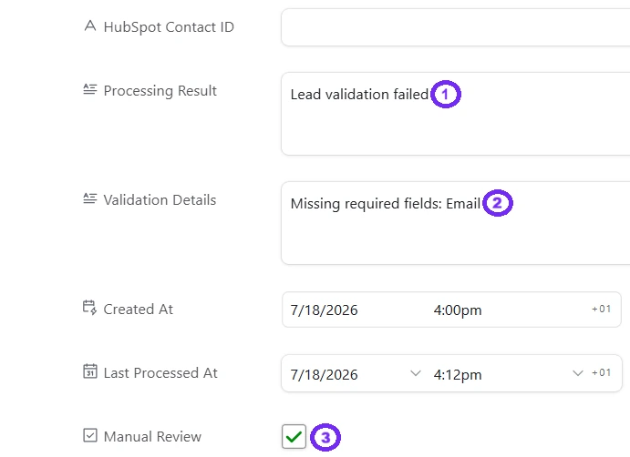 Airtable record showing failed lead validation because the email field is missing