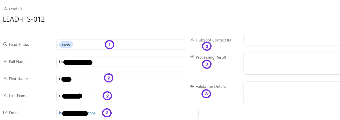 Airtable record showing a new lead before CRM processing