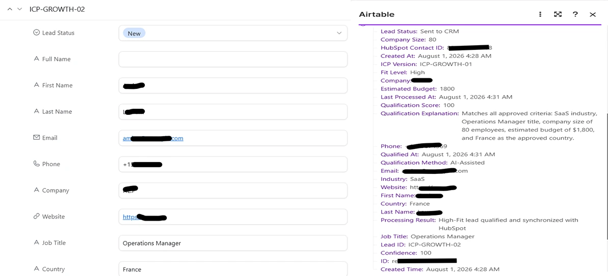 A new Airtable lead qualified as High Fit and synchronized with HubSpot
