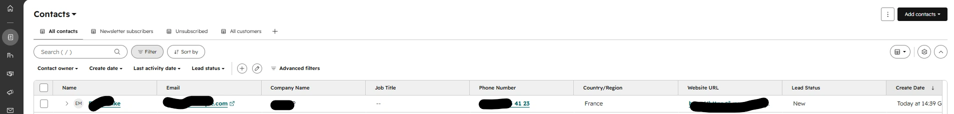 HubSpot contact list showing the contact created from the validated Airtable lead