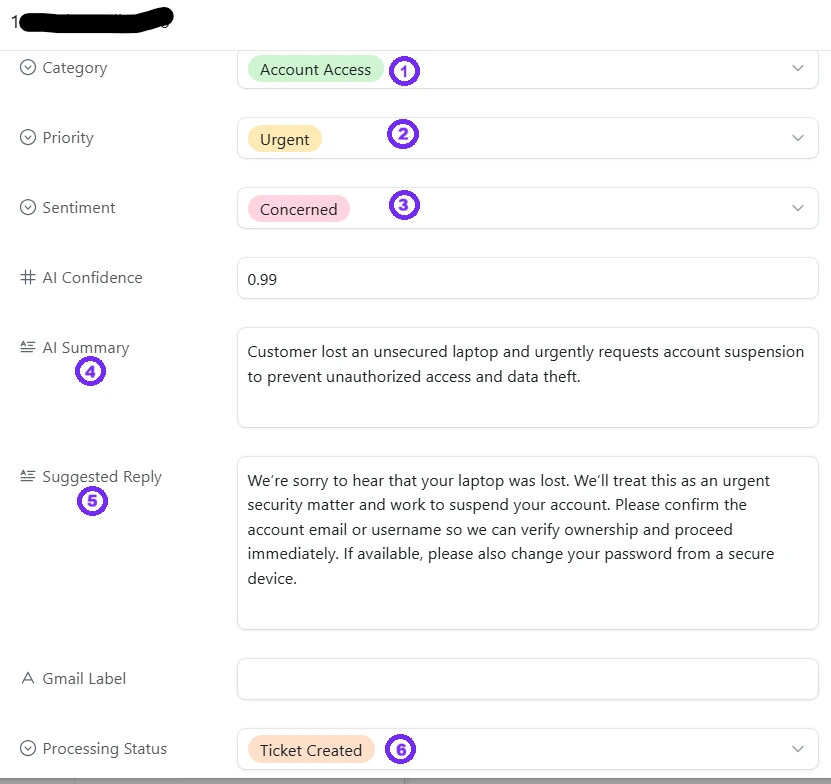 Airtable support record showing AI category, priority, confidence and suggested reply