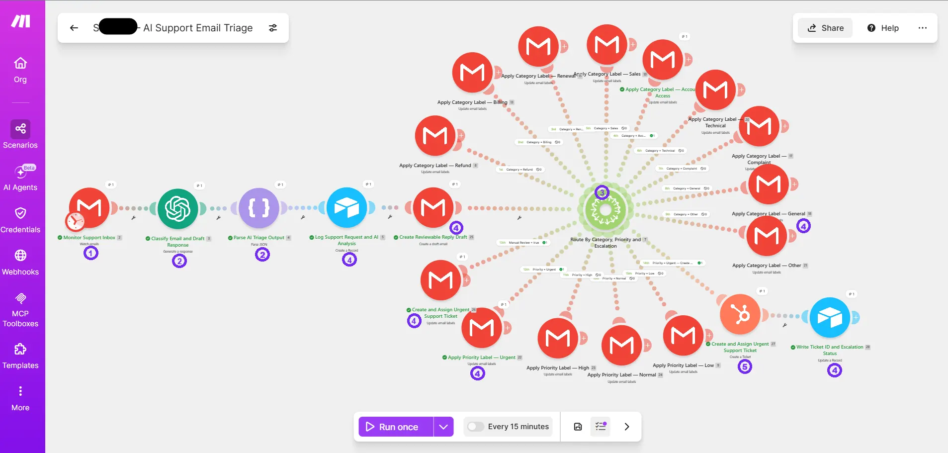 AutomateSuite AI support email triage and urgent HubSpot ticket automation workflow