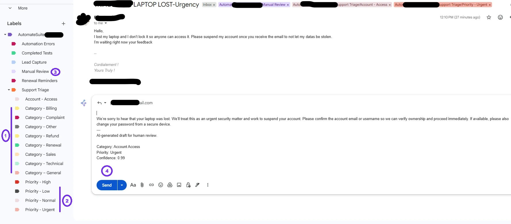 Gmail support email showing category, priority and manual-review labels with a suggested reply draft