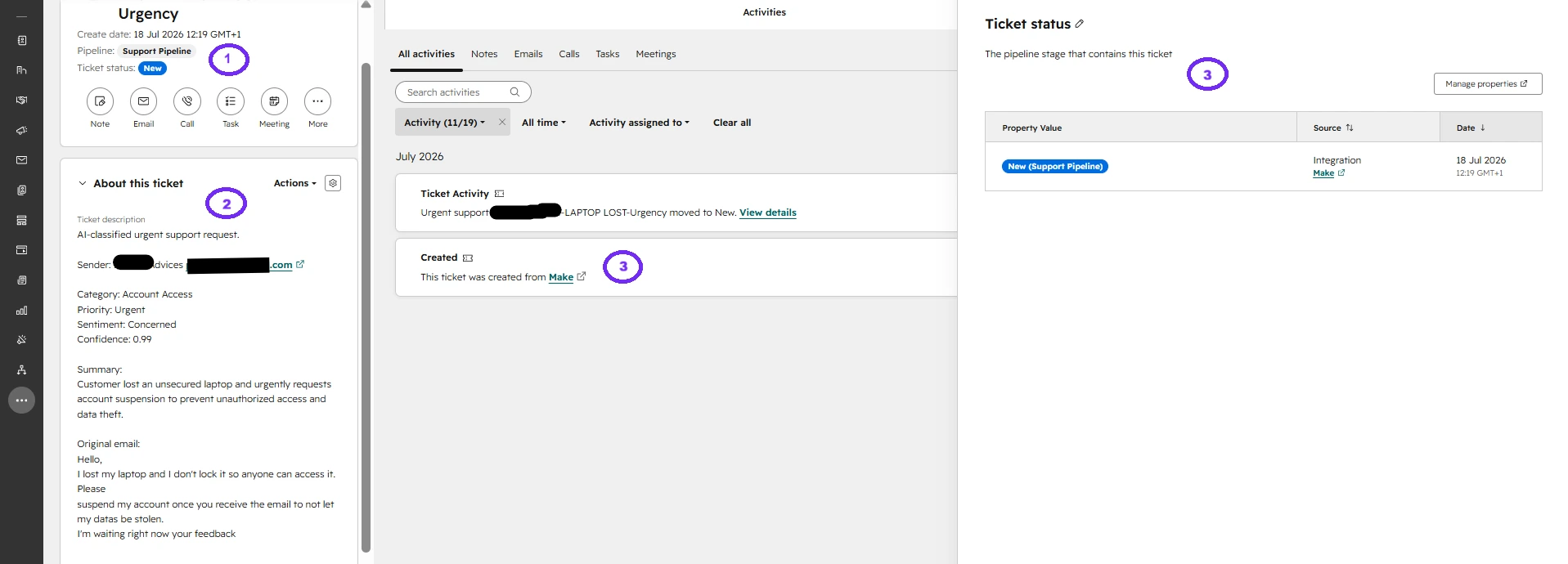 HubSpot urgent support ticket created by the AutomateSuite email-triage workflow