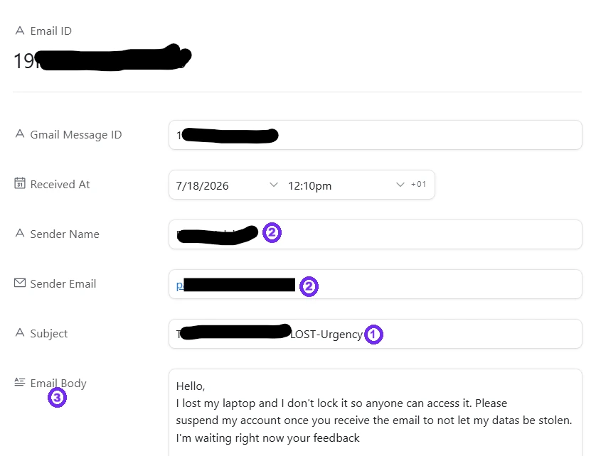 Gmail message used as the incoming support request in the AutomateSuite simulation