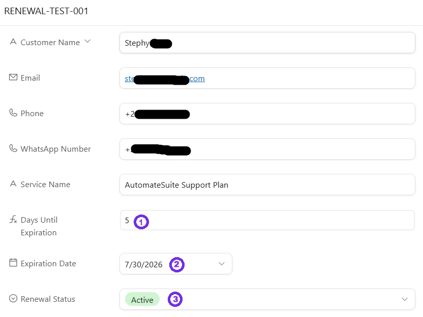 Airtable renewal record showing the expiration date, calculated remaining days and renewal status