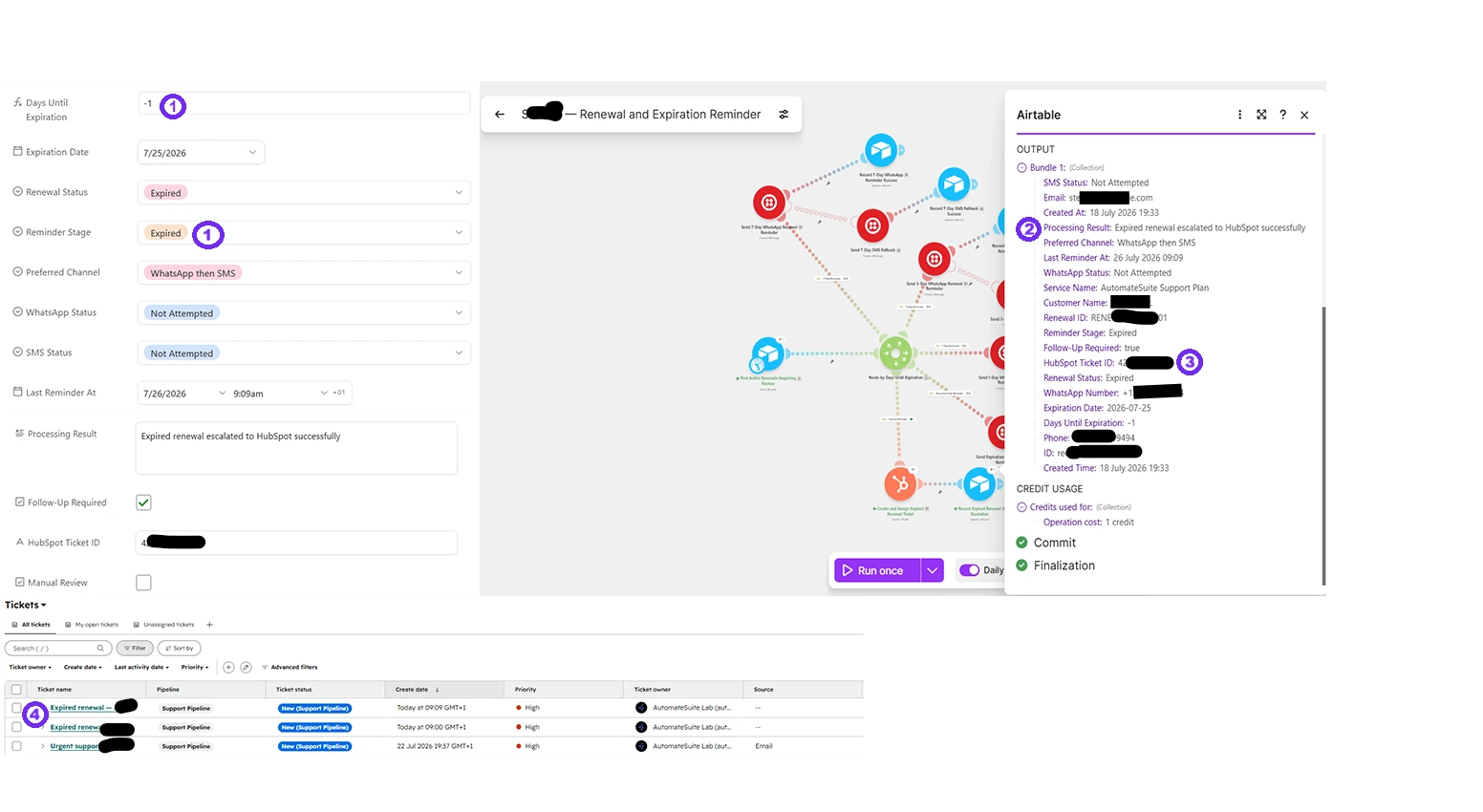 Airtable record showing an expired renewal escalated to HubSpot with a ticket reference and follow-up status
