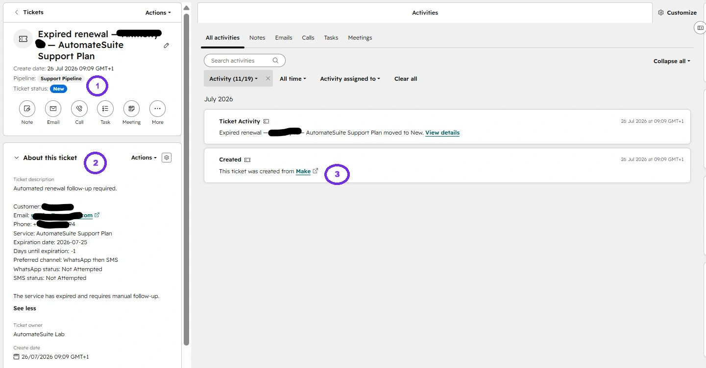 HubSpot ticket created for an expired AutomateSuite renewal requiring follow-up