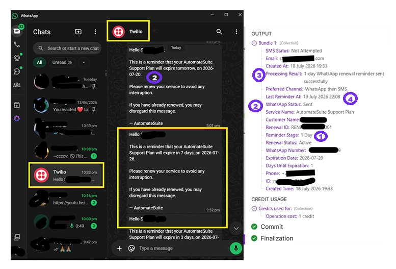 Airtable renewal record showing the one-day reminder, delivery status and processing result