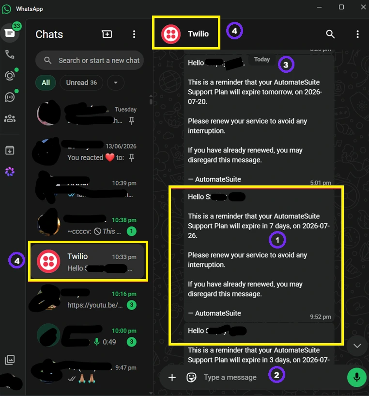 WhatsApp messages delivered through Twilio for different AutomateSuite renewal reminder stages